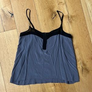 Sparkle & Fade 100% Silk Grey Black Cami, Sheer Trim, Hook and Eye Bust, Medium